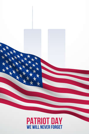 September 11 banner. Patriot Day poster with american flag and World trade center silhouette. We will never forget.のイラスト素材