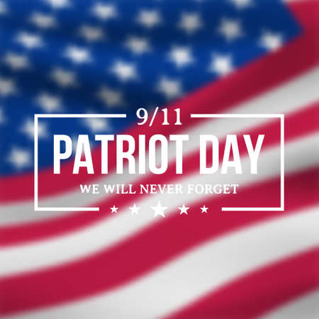 9/11 Patriot Day banner with blurred American flag and text We will never forget. Vector illustration.のイラスト素材