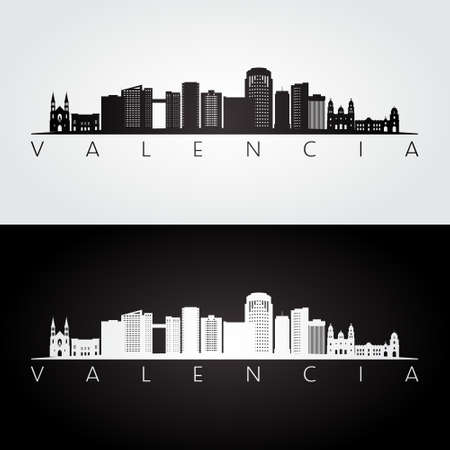 Valencia, Venezuela skyline and landmarks silhouette, black and white design, vector illustration.のイラスト素材