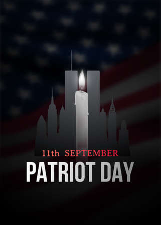 Patriot Day poster with candle, New York silhouette and American flag on a backdrop. 11th September. Vector banner.のイラスト素材