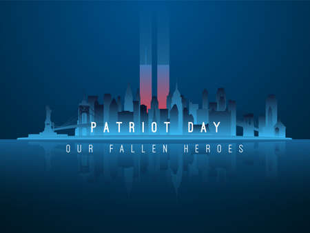 New York skyline silhouette with glowing Twin Towers behind. American Patriot Day banner. World Trade Center. Vector illustration.のイラスト素材