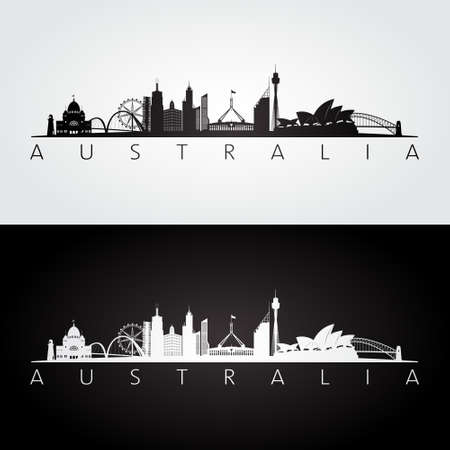 Australia skyline and landmarks silhouette, black and white design, vector illustration.のイラスト素材