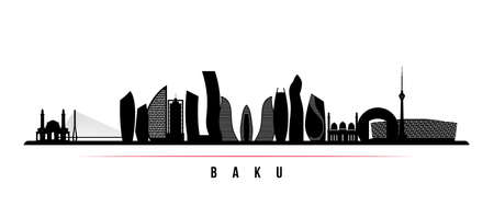 Baku skyline horizontal banner. Black and white silhouette of Baku, Azerbaijan. Vector template for your design.のイラスト素材