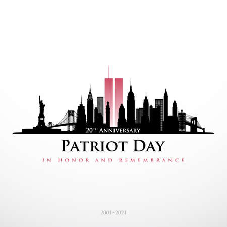 Patriot Day NYC skyline banner. Panorama view of New York before September 11, 2001. In honor and remembrance. 20 th Anniversary 2001-2021. Stock vector illustration.のイラスト素材