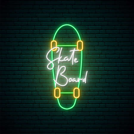 Neon skateboard sign. Glowing skateboard on brick wall background. Bright light signboard. Vector illustration in neon style.のイラスト素材