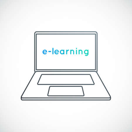 Laptop with text e-learning on a screen. Outline Laptop emblem. Vector e-learning icon isolated on light gray background.のイラスト素材