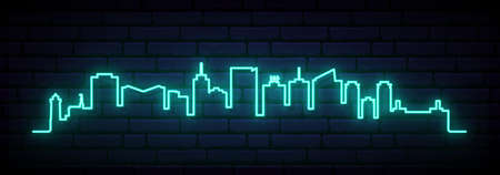 Blue neon skyline of Anchorage. Bright Anchorage City long banner. Vector illustration.のイラスト素材