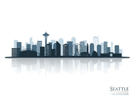Seattle skyline silhouette with reflection. Landscape Seattle, Washington. Vector illustration.のイラスト素材