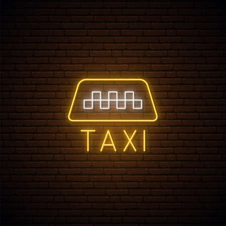 Neon taxi sign. Glowing yellow taxi symbol on brick wall background. City taxi service signboard. Vector illustration.のイラスト素材