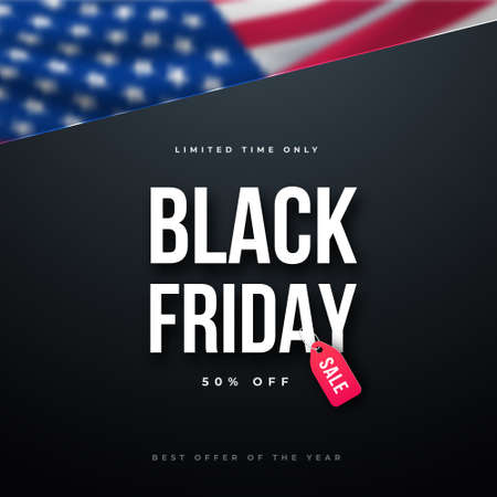 Black Friday Sale with red tag over a us flag background. Trendy advertising design for social media, web banners, promo flyers, etc. Stock vector illustration.のイラスト素材
