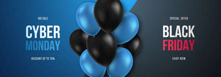 Cyber Monday and Black Friday Sale promo horizontal banner with black and blue balloons. Big Sale. Design template for poster, cards, social media, banners, web.のイラスト素材