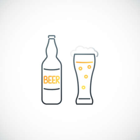 Beer line icon. Simple template with Beer Bottle and glass isolated on white background. Vector illustration.のイラスト素材