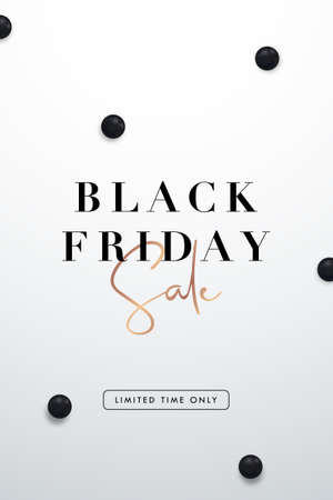 Black Friday Sale vertical flyer. Banner design with black balls and inscription Sale on white background. Black and white luxury style. Trendy modern design for advertisement, social and fashion ads.のイラスト素材