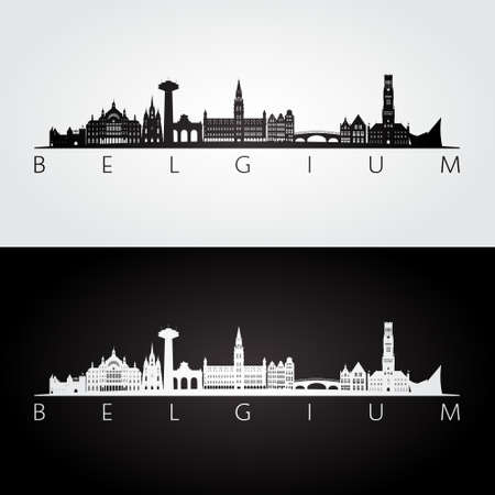 Belgium skyline and landmarks silhouette, black and white design, vector illustration.のイラスト素材