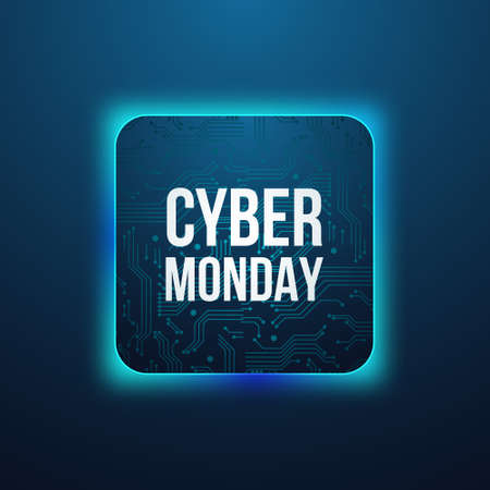Cyber Monday Sale Cover. Computer chip with glow. Vector art for your business. Design for your shop sign, super offer, discount, web. Stock vector illustration.のイラスト素材