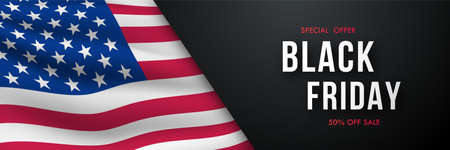 Black Friday horizontal banner. Waving realistic american flag and text. Trendy modern Sale design template for advertisement, social media ads. Stock vector illustration.のイラスト素材