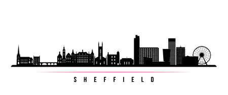 Sheffield skyline horizontal banner. Black and white silhouette of Sheffield, UK. Vector template for your design.のイラスト素材