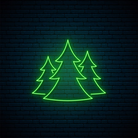 Neon forest sign. Glowing green fir tree icon on dark brick wall background. Bright light signboard. Vector illustration.のイラスト素材