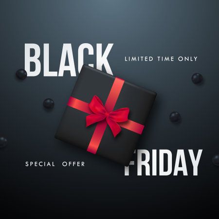 Black Friday Sale banner template. Realistic gift box with red bow, black calls. Design for Stories, card, flyer concept design, social media, web. Stock vector illustration.のイラスト素材