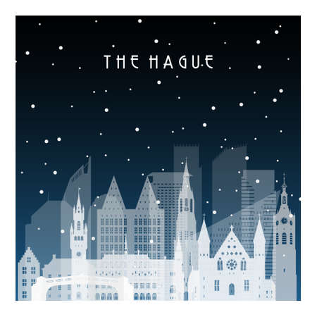 Winter night in The Hague. Night city in flat style for banner, poster, illustration, background.のイラスト素材