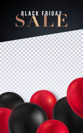 Black friday vertical template banner with helium balloons. 3d realistic red and black balloons. Stories pattern with copy space for your text or image. Vector design for Social media.のイラスト素材