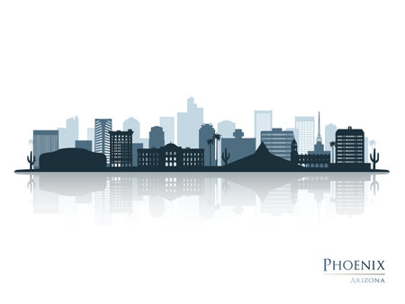 Phoenix skyline silhouette with reflection. Landscape Phoenix, Arizona. Vector illustration.のイラスト素材