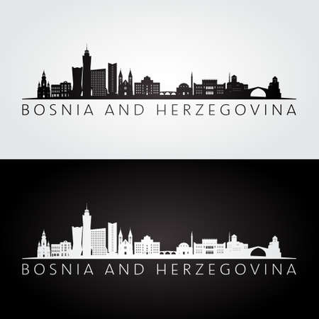 Bosnia and Herzegovina skyline and landmarks silhouette, black and white design, vector illustration.のイラスト素材