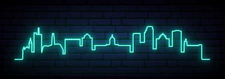 Blue neon skyline of Winnipeg. Bright Winnipeg City long banner. Vector illustration.のイラスト素材