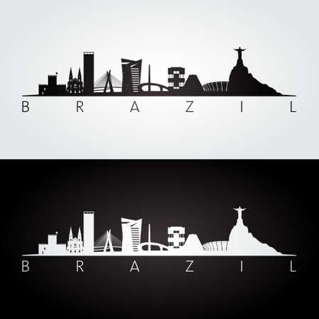 Brazil skyline and landmarks silhouette, black and white design, vector illustration.のイラスト素材