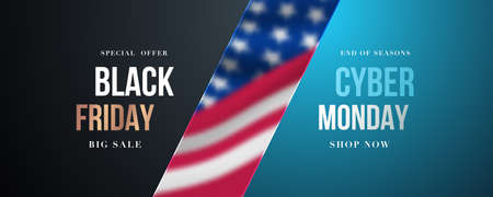 Long horizontal banner for Black Friday and Cyber Monday Sale. Modern Sale design template with blured US flag. Vector promo banner.のイラスト素材