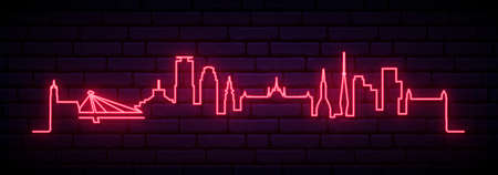 Red neon skyline of Bratislava. Bright Bratislava City long banner. Vector illustration.のイラスト素材