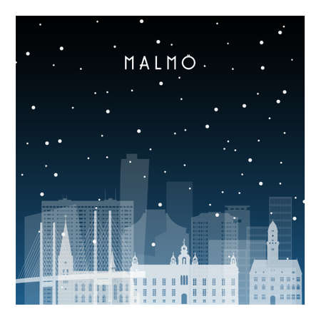 Winter night in The Malmo. Night city in flat style for banner, poster, illustration, background.のイラスト素材