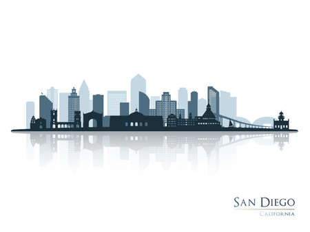 San Diego skyline silhouette with reflection. Landscape San Diego, California. Vector illustration.のイラスト素材