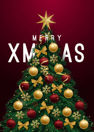 Festive Christmas tree banner. Xmas tree with 3d realistic golden and red balls, snowflakes, cones, bows and serpentine. Vector holiday poster, greeting card, social media.