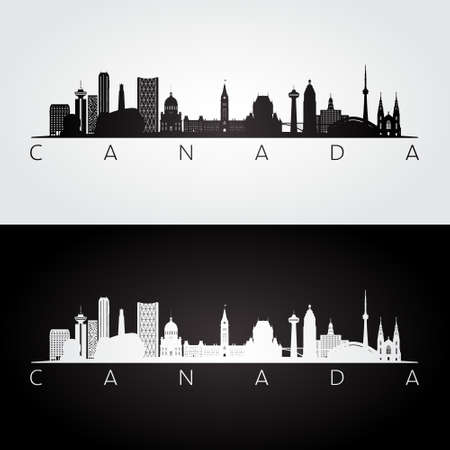 Canada skyline and landmarks silhouette, black and white design, vector illustration.のイラスト素材
