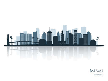 Miami skyline silhouette with reflection. Landscape Miami, Florida. Vector illustration.のイラスト素材