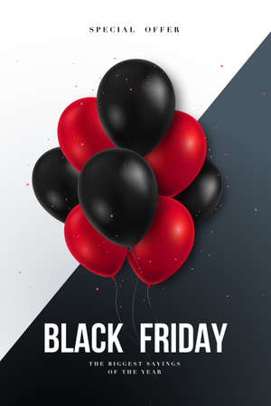 Black Friday sale banner. Black and Red shiny balloons bunch Isolated on black and white Background. Modern vector design for poster, flyers, card, advertising brochure and social media.のイラスト素材