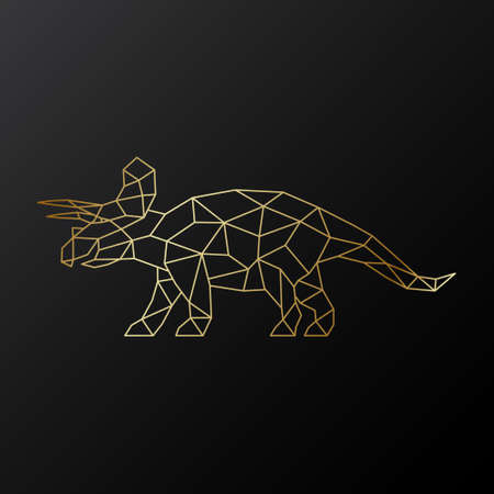 Golden polygonal triceratops dinosaur with horns illustration isolated on black background. Geometric dinosaur emblem. Vector illustration.のイラスト素材