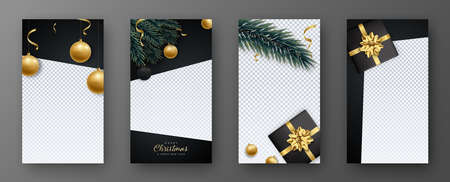 Merry Christmas and Happy New Year festive template for social media, stories, social networks. Vector Christmas vertical templates set. Realistic decorative elements.のイラスト素材