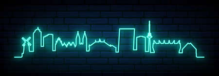 Blue neon skyline of Bremen. Bright Bremen City long banner. Vector illustration.のイラスト素材