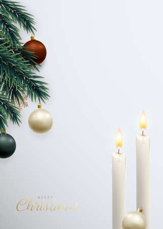 Christmas card with festive decorations. X-mas vector banner. Realistic fir tree, christmas balls, snowflake and burning candles on light gray background.のイラスト素材