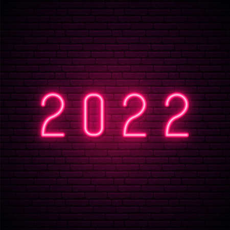 2022 neon signboard. Happy New Year. Realistic pink neon numbers on dark brick wall. Vector 2022 in neon linear style.のイラスト素材