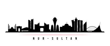 Nur-Sultan skyline horizontal banner. Black and white silhouette of Nur-Sultan, Kazakhstan. Vector template for your design.のイラスト素材