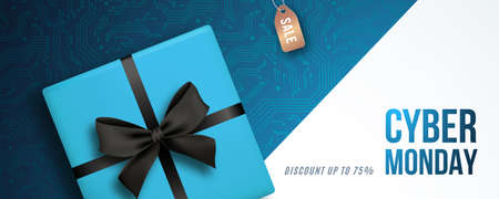 Cyber monday horizontal banner. Sale banner for seasonal discounts. Realistic blue gift box with silk black bow. Stock vector illustration.のイラスト素材