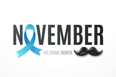 November No Shave Month banner. Blue ribbon and black mustache. Raise awareness of men's health issues. Stock vector illustration.のイラスト素材