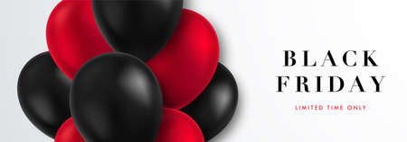 Black friday horizontal banner. Sale template with realistic red and black balloons flying on a light background. Advertising banner design Black friday campaign.のイラスト素材