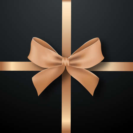 Black square gift box decorated with golden bow ribbon. Black friday present. Top view. Stock vector illustration.のイラスト素材