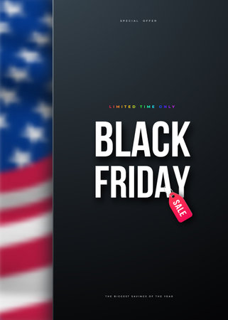 Black Friday Sale Background. Vector Sale design template with blured US flag. Minimalistic of commercial discount event flyaer.のイラスト素材