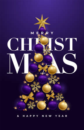 Merry Christmas violet background. Christmas tree with 3d shiny ultra violet and golden balls. New Year festive banner, poster, flyers, covers and invitation.のイラスト素材