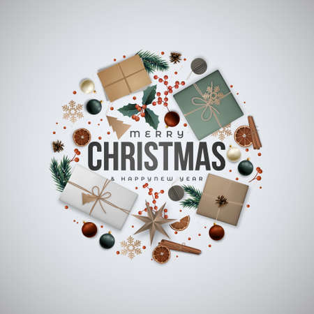 Circle Christmas Composition. Flat lay composition with gift boxes, shiny balls, star, berries, cinnamon, pine cones and orange slices. Top view. Xmas vector template for website, social media.のイラスト素材